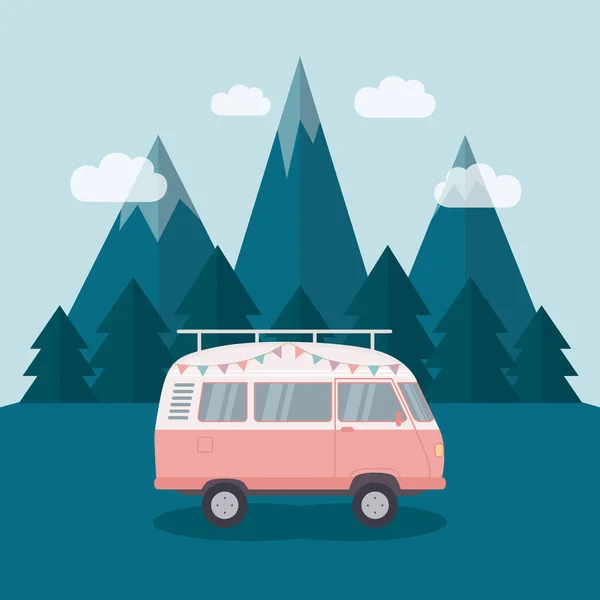 Viaje Vacaciones Verano Por Carretera Las Montañas Con Camper Van — Vector de stock