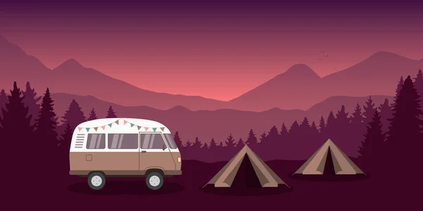 Stock vector camping adventure in the wilderness with camper van and tent vector illustration EPS10