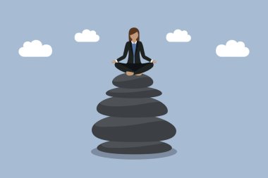 Bir yığın zen taşının üzerinde oturan meditasyon yapan iş kadını yaşam dengesi konsept vektör çizimi EPS10