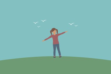 Küçük kız gökyüzü vektör illüstrasyonu EPS10 'da kuşlarla uçmayı hayal ediyor