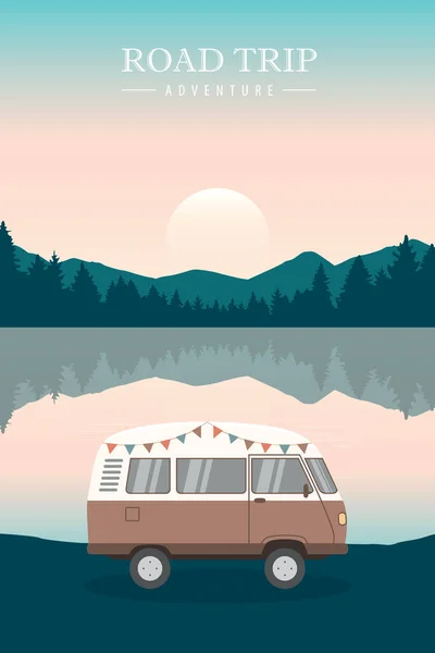 Camping Dobrodružství Letní Dovolená Karavanem Van Jezera Vektorové Ilustrace Eps10 — Stockový vektor