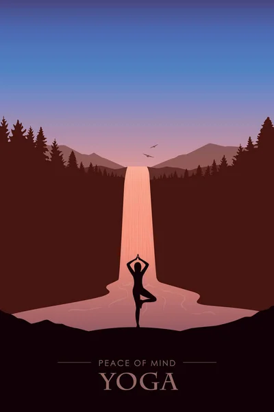 Paz Mente Yoga Bajo Río Cascada Las Montañas Hermosa Ilustración — Vector de stock