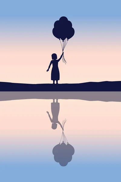 幸せな女の子と風船で湖によって夕日シルエットベクトルイラストEps10 — ストックベクタ