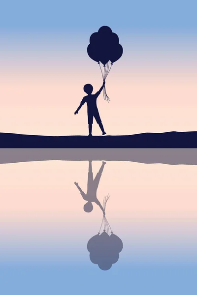 幸せな男の子と風船で湖で夕日シルエットベクトルイラストEps10 — ストックベクタ