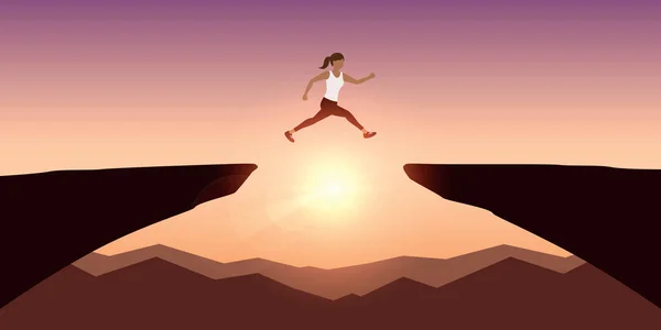 スポーティな女性成功山の風景ベクトル図上の崖を飛び越える Eps10 — ストックベクタ