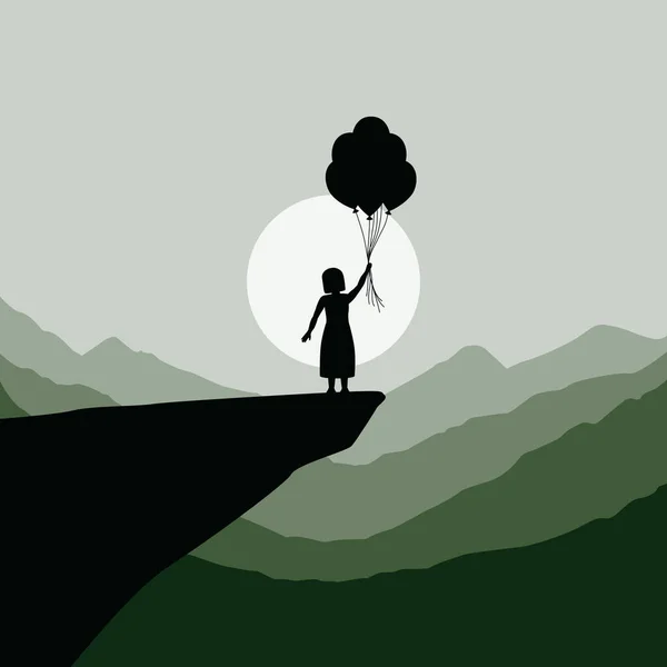 Little Girl Balloons Cliff Silhouette Mountain Background Vector Illustration Eps10 — Stock Vector