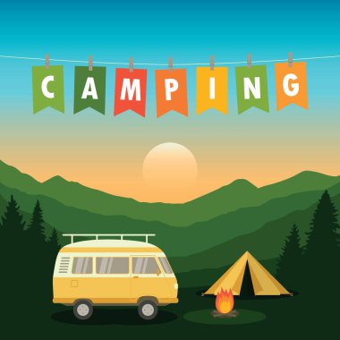 Vahşi doğa çadırında kamp macerası ve orman dağı manzara çizimi EPS10