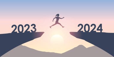 2023 'ten 2024' e kadar uçurumdan atlayan kadın mutlu yeni yıl vektör illüstrasyonu EPS10