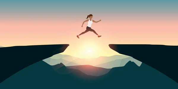 スポーティな女性成功山の風景ベクトル図上の崖を飛び越える Eps10 — ストックベクタ