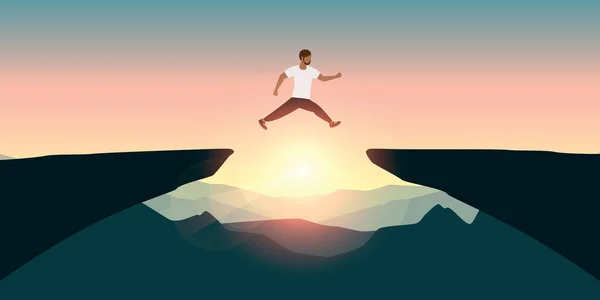 Спортивный Человек Успешно Прыгает Через Скалу Векторной Иллюстрации Горного Ландшафта — стоковый вектор