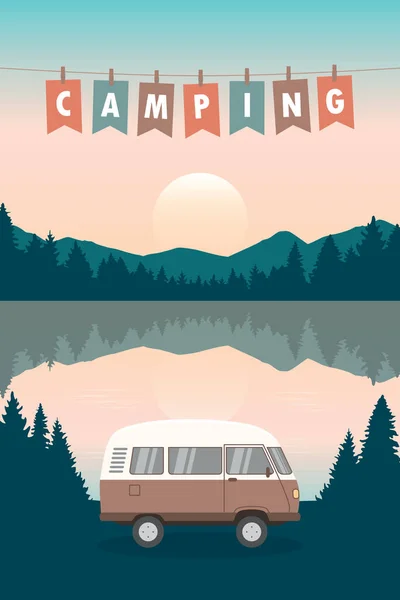 Camping Aventura Férias Verão Com Van Campista Pela Ilustração Vetor —  Vetores de Stock