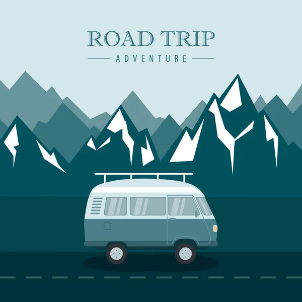 道路旅行与野营面包车冒险在荒野的山地景观矢量说明Eps10 — 图库矢量图片