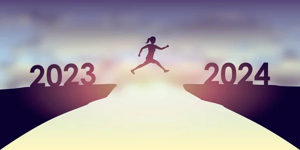 Woman Jumping Cliff 2023 2024 Happy New Year Vector Illustration — Stock Vector