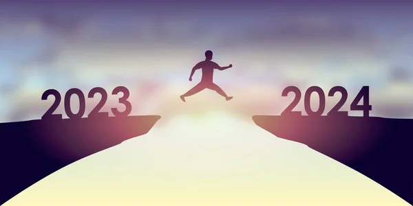 Man Jumping Cliff 2023 2024 Happy New Year Vector Illustration — Stock Vector