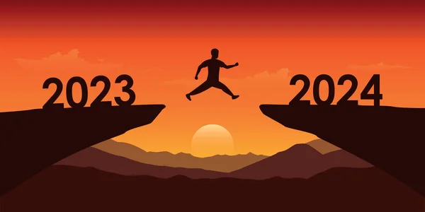 Man Jumping Cliff 2023 2024 Dramatic Sunset Vector Illustration Eps10 — Stock Vector