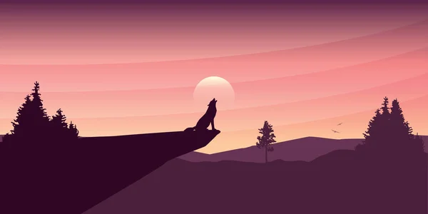 オオカミは山の風景のベクトル図Eps10で森の満月に遠吠え — ストックベクタ