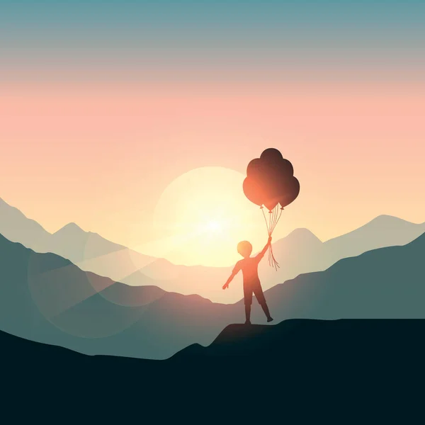 緑の山の眺めのベクトル図上の日没で風船と男の子Eps10 — ストックベクタ