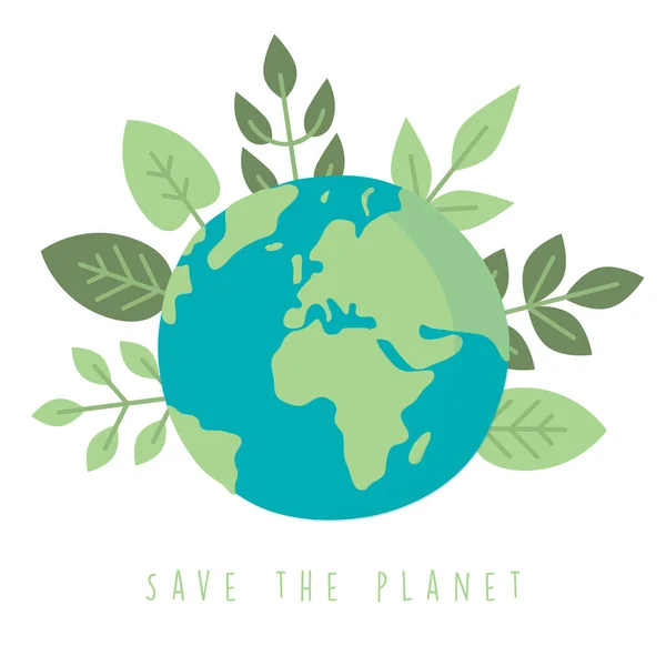 Zapisać Planety Ziemia Dzień Globus Zielonymi Liśćmi Wektor Ilustracja Eps10 — Wektor stockowy