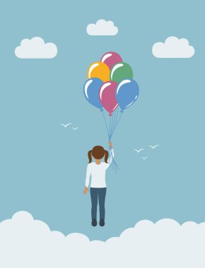 Küçük kız gökyüzünde balonlarla uçuyor. Çocuk vektör çizimi EPS10.