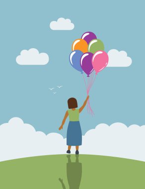 Yeşil çayır üzerindeki küçük kız balon vektör illüstrasyonu EPS10 ile uçmayı hayal ediyor
