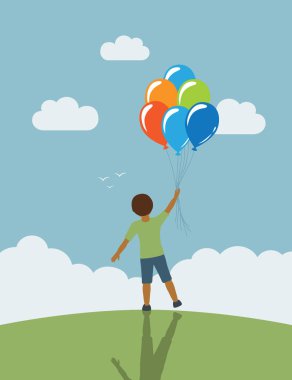 Yeşil çayır üzerindeki küçük çocuk balon vektör illüstrasyonu EPS10 ile uçmayı hayal ediyor