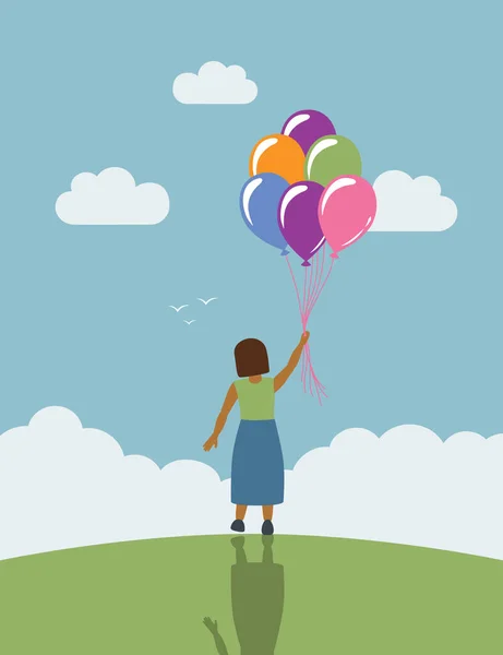 stock vector little girl on green meadow dream about flying with balloons vector illustration EPS10