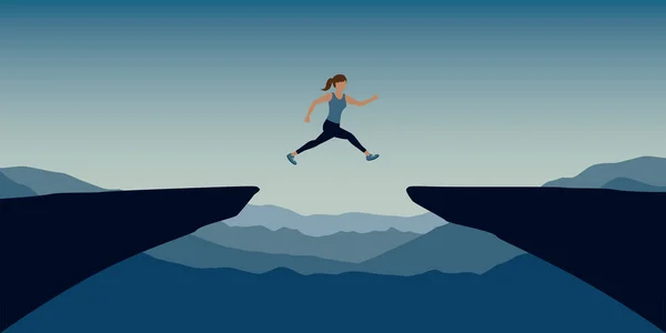 Mujer Deportiva Saltando Con Éxito Sobre Acantilado Azul Montaña Vector — Archivo Imágenes Vectoriales