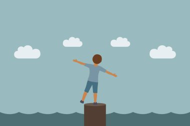 Deniz kıyısındaki küçük çocuk bulutlarda uçmayı hayal ediyor.