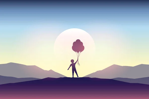 Kleiner Junge Mit Luftballons Silhouette Bei Sonnenuntergang Kindheitsträume Vektor Illustration — Stockvektor