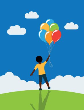 Yeşil çayır üzerindeki küçük çocuk balon vektör illüstrasyonu EPS10 ile uçmayı hayal ediyor