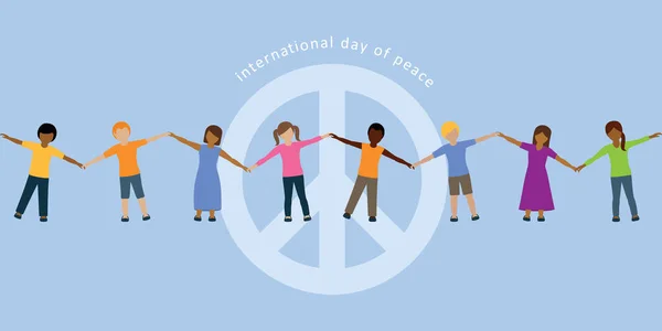 Niños Diferentes Colores Piel Tomados Mano Día Internacional Paz Vector — Vector de stock