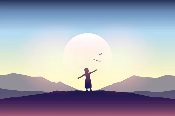 Kleines Mädchen Silhouette Bei Sonnenuntergang Traum Über Fliegende Kindheitsträume Vektor — Stockvektor
