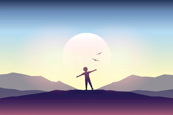 Kleiner Junge Silhouette Bei Sonnenuntergang Traum Über Fliegende Kindheitsträume Vektor — Stockvektor
