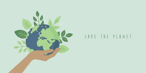 Salvar Planeta Conceito Terra Mão Humana Com Folhas Verdes Vetor — Vetor de Stock