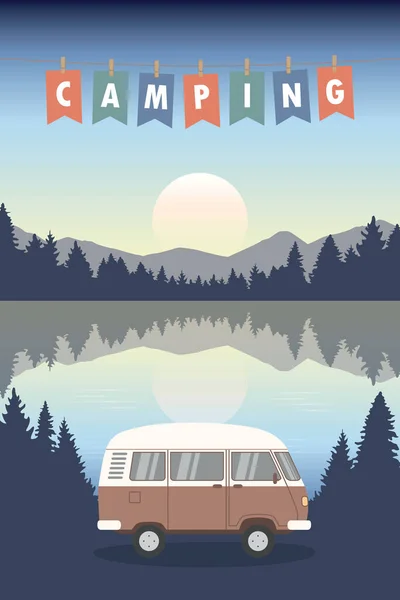 Campeggio Avventura Vacanza Estiva Con Camper Sul Lago Vettoriale Illustrazione — Vettoriale Stock