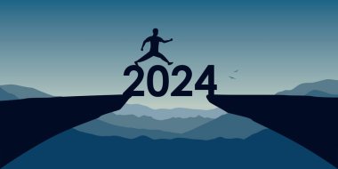 2024 tipografi vektör illüstrasyonu EPS10 üzerinde bir uçurum üzerinde başarılı adam