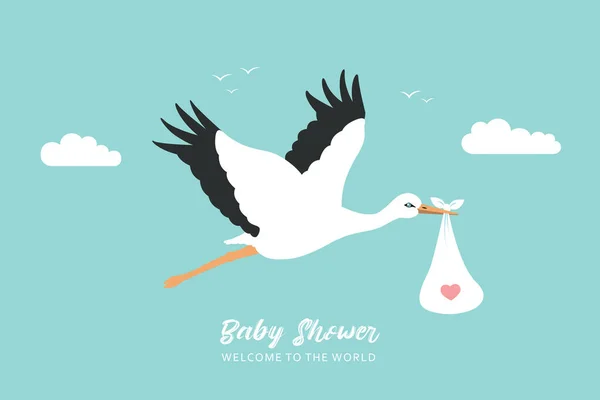赤ちゃん歓迎グリーティングカードとともにコウノトリInブルースカイベクトルイラスト Eps10 — ストックベクタ