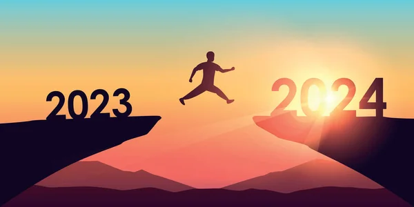 Man Jumping Cliff 2023 2024 Sunny Background Vector Illustration Eps10 — Stock Vector