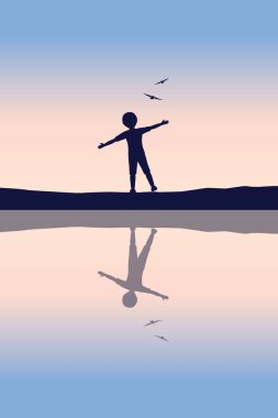 Mutlu küçük çocuk gölün kenarında kuşlarla uçtuğunu hayal ediyor. Gün batımı siluet vektör illüstrasyonu EPS10