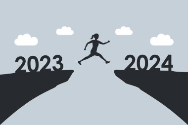 2023 'ten 2024' e kadar uçurumdan atlayan kadın mutlu yeni yıl vektör illüstrasyonu EPS10