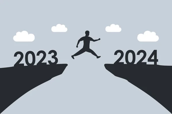 Man Jumping Cliff 2023 2024 Happy New Year Vector Illustration — Stock Vector