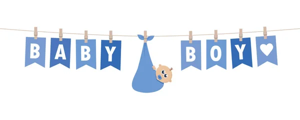 Baby Jongen Welkom Wenskaart Voor Bevalling Met Opknoping Partij Vlaggen — Stockvector