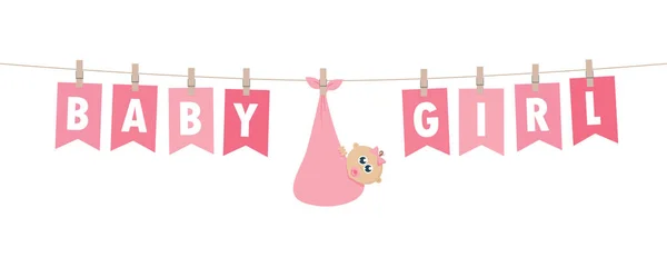Baby Flicka Välkommen Gratulationskort För Förlossning Med Hängande Parti Flaggor — Stock vektor