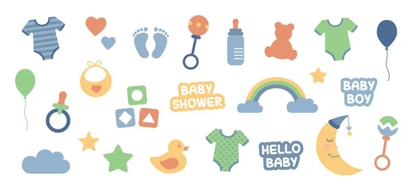 Kleurrijke Set Van Baby Gebruiksvoorwerpen Baby Jongen Collectie Geïsoleerd Witte — Stockvector
