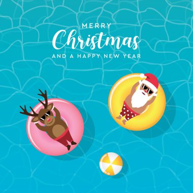 Şirin Noel Baba ve geyik plajda suda yüzen yüzükte dinleniyorlar. Noel Baba tasarım çizimi EPS10