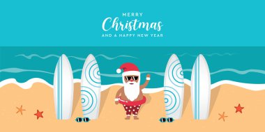 Plajdaki şirin Noel Baba sörf tahtalarında Noel vektör illüstrasyonu EPS10