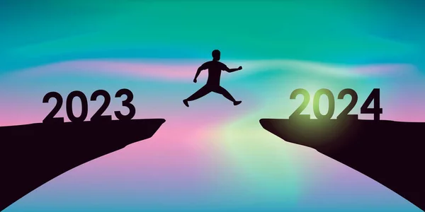 Man Jumping Cliff 2023 2024 Aurora Borealis Background Vector Ilustration — Stock Vector