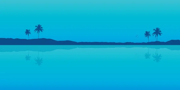 Riflessione Orizzonte Sulla Spiaggia Palma Notte Blu Paesaggio Marino Vettoriale — Vettoriale Stock
