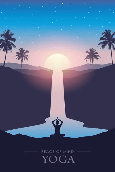 Peace Mind Yoga Waterfall River Tropical Landscape Beautiful Sunset Vector — Stock Vector