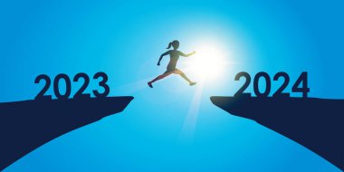 Kadın 2023 'ten 2024' e kadar güneşli mavi arkaplan vektörü illüstrasyonunda uçurumdan atlıyor EPS10